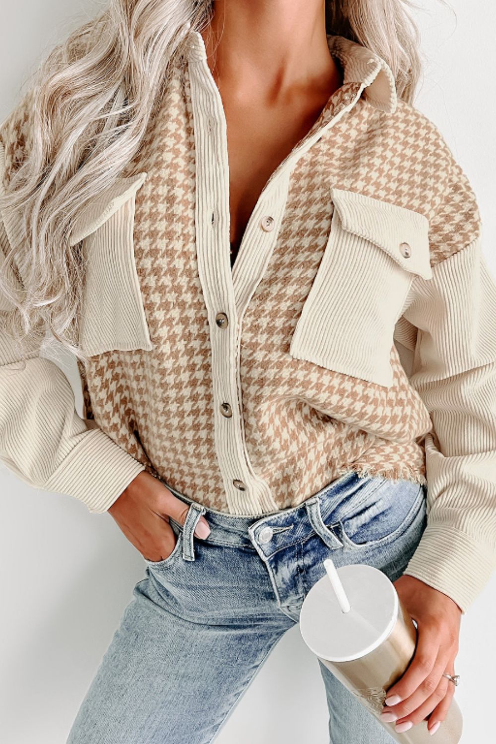 Houndstooth Button Up Long Sleeve Jacket